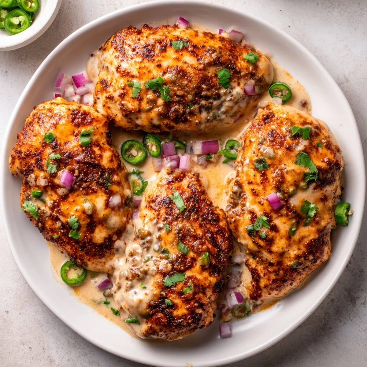 A plate of Flavorful Baked Queso Chicken served with cilantro and lime