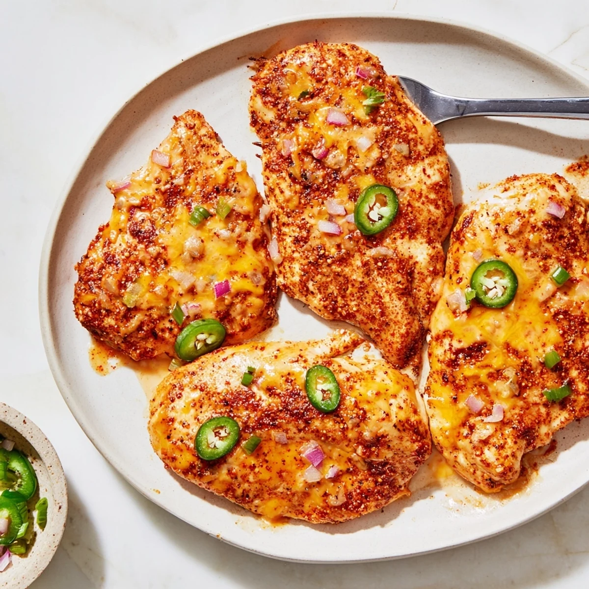 Oven-roasted Flavorful Baked Queso Chicken oozing spicy queso, ready for rice