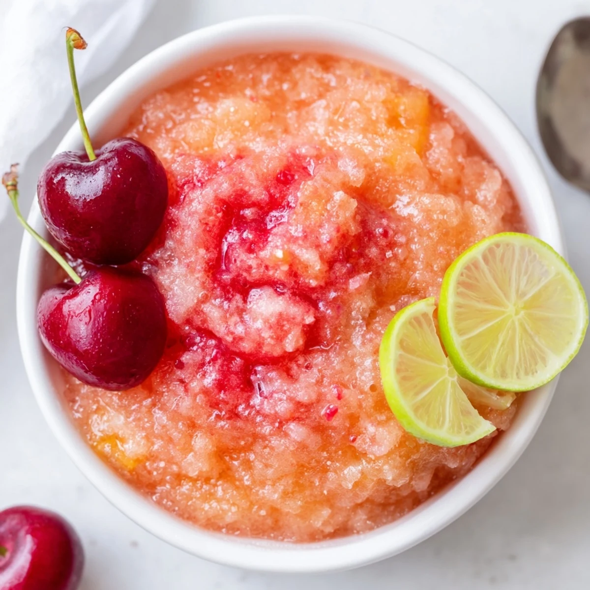 Refreshing Cherry Lime Sunrise Slush in chilled glasses, bright cherries and lime