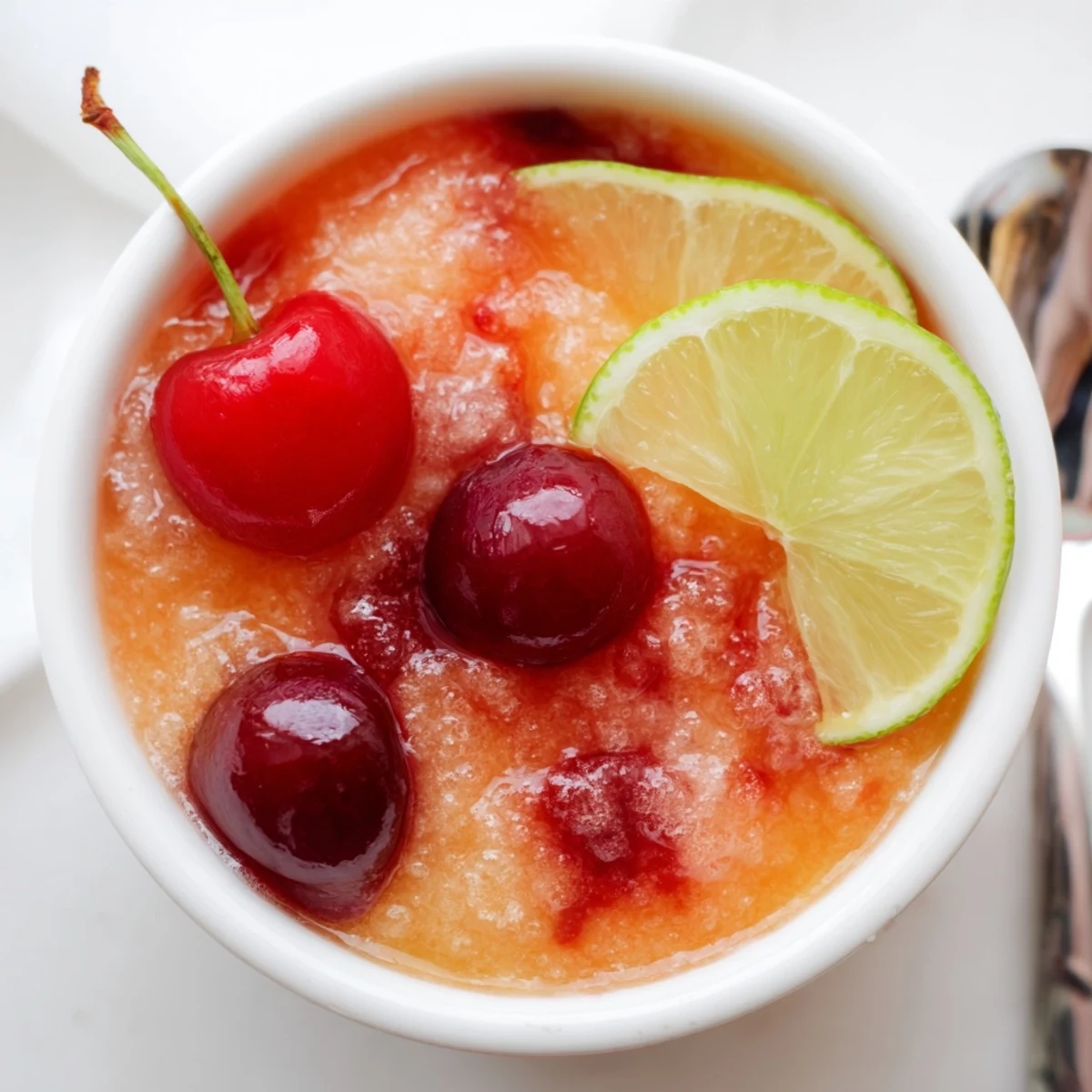 Frosty Refreshing Cherry Lime Sunrise Slush garnished with lime wheel and cherry