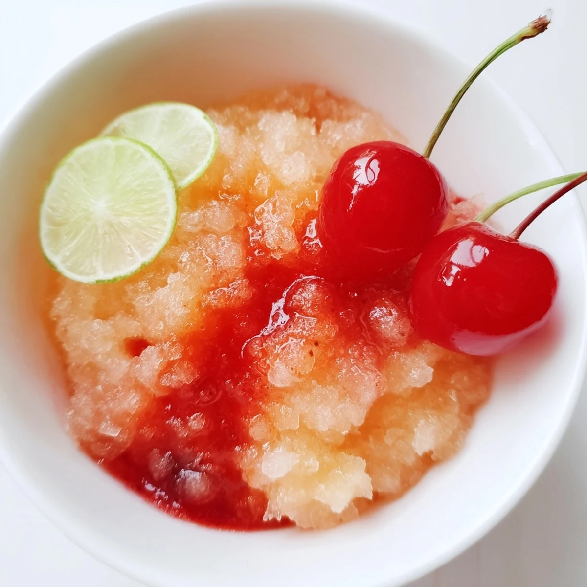 Blended ice crystals sparkle in Refreshing Cherry Lime Sunrise Slush, tangy sip