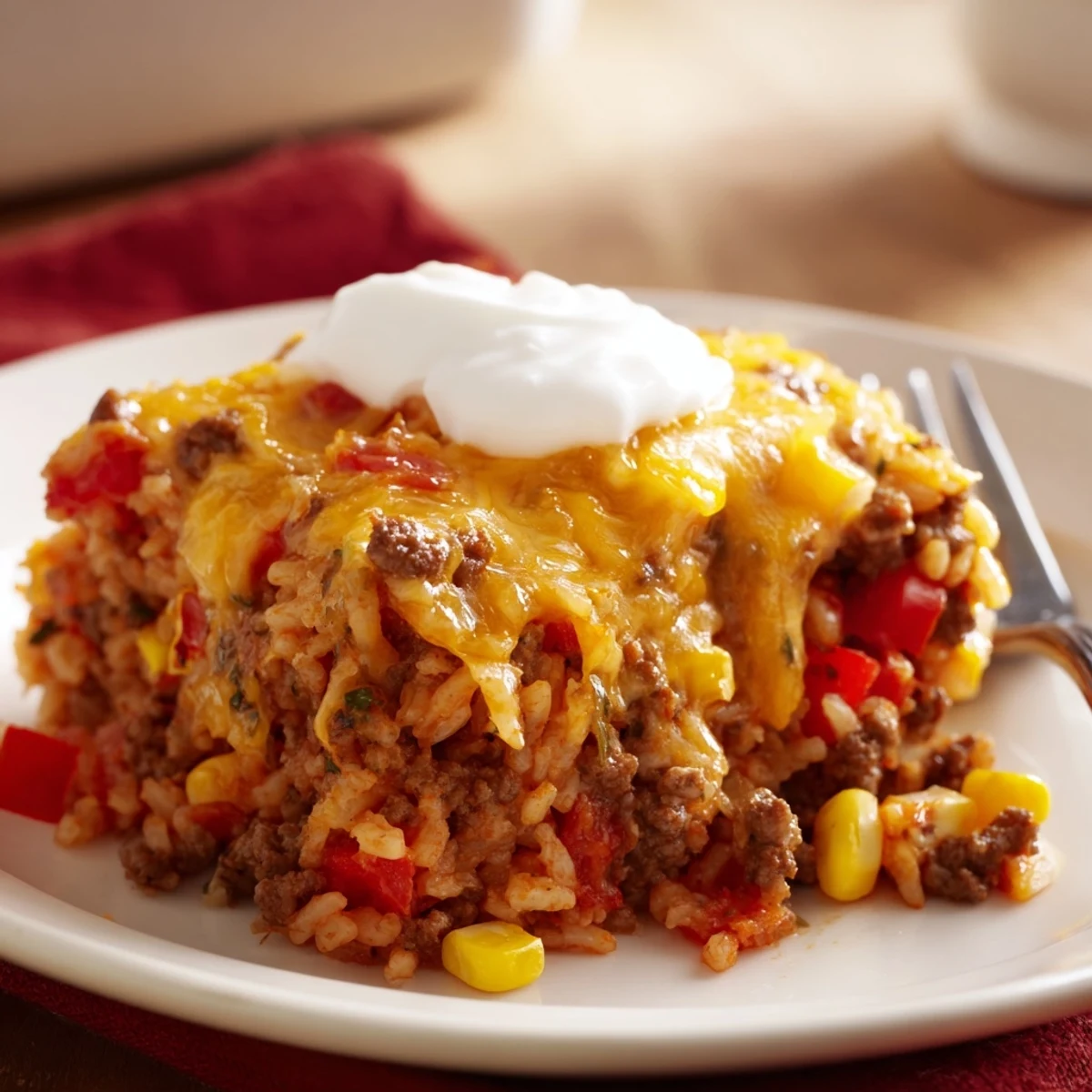 Cheesy Beef And Rice Delight Casserole bubbling golden, gooey cheese and tender rice