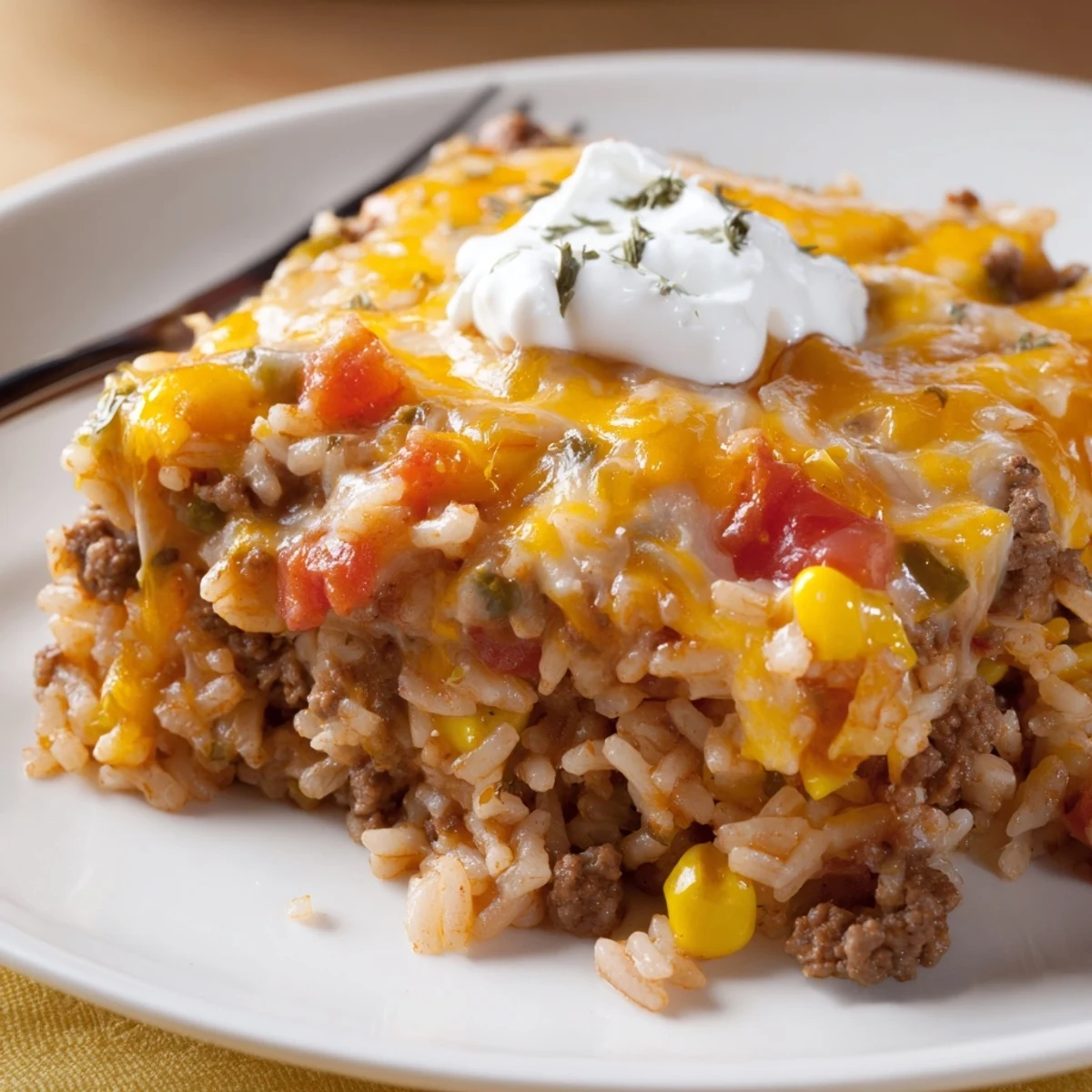 Cheesy Beef And Rice Delight Casserole sliced, creamy interior, browned cheese, paired with salad