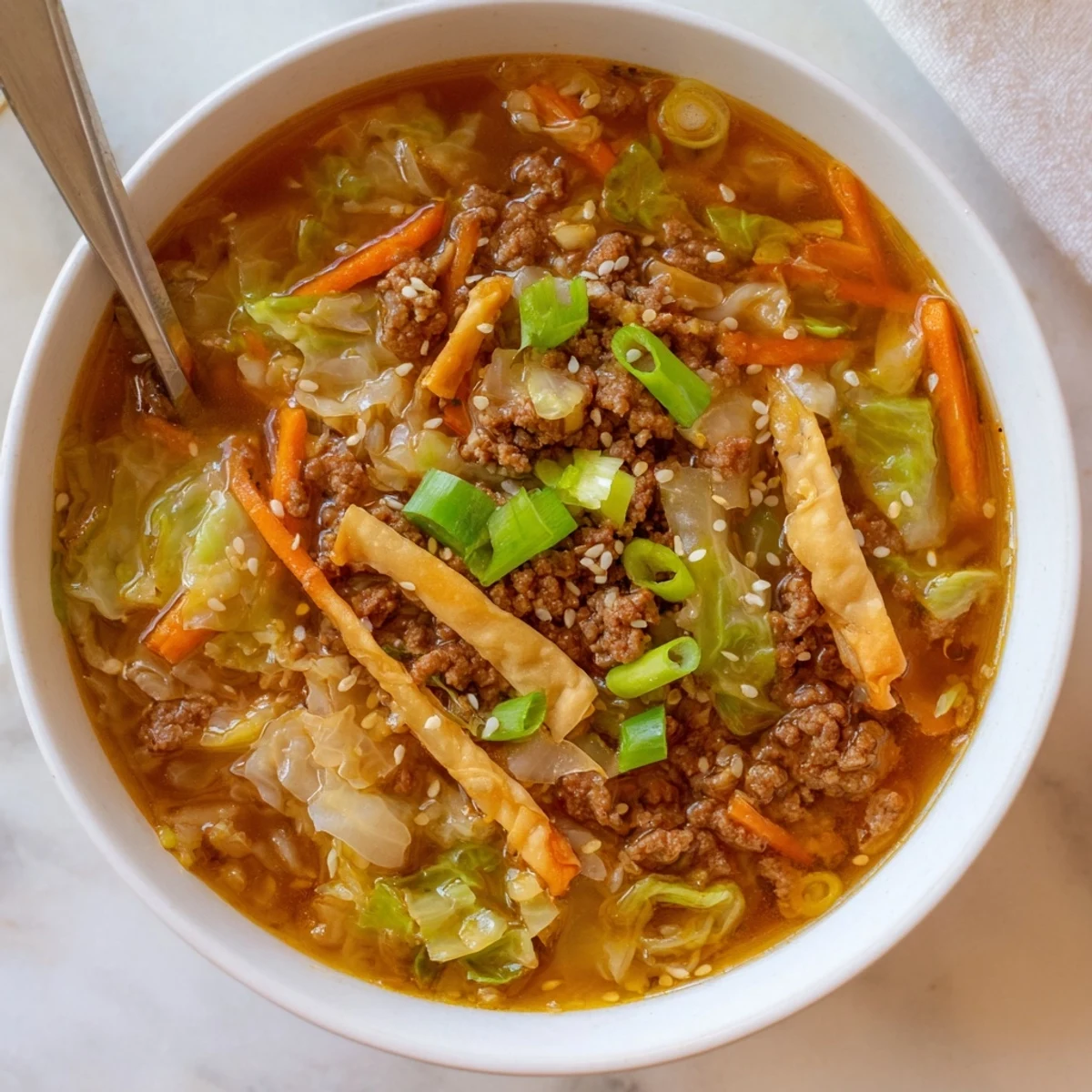 Savory Beef Egg Roll Soup Delight steaming, rich broth with crispy wrapper strips