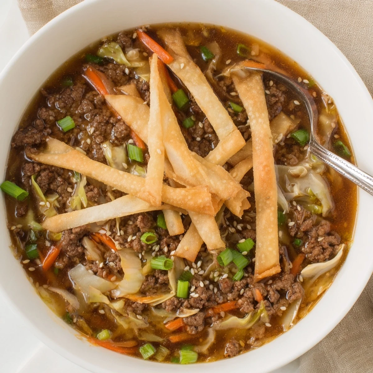 Bowl of Savory Beef Egg Roll Soup Delight with tender beef and scallions