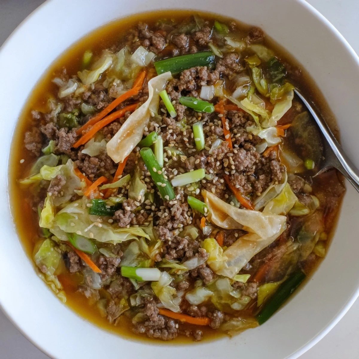 Savory Beef Egg Roll Soup Delight bowl topped with crunchy golden egg roll strips