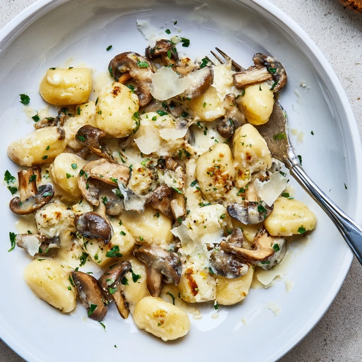 Mushroom Gnocchi In Cream Sauce spoonful steaming, silky sauce, earthy mushroom aroma