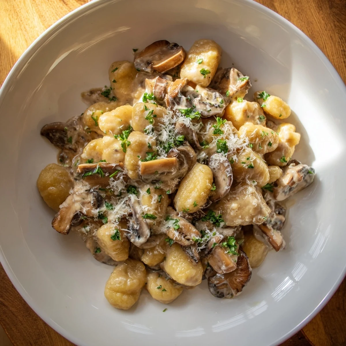 Rustic bowl of Mushroom Gnocchi In Cream Sauce topped with fresh parsley