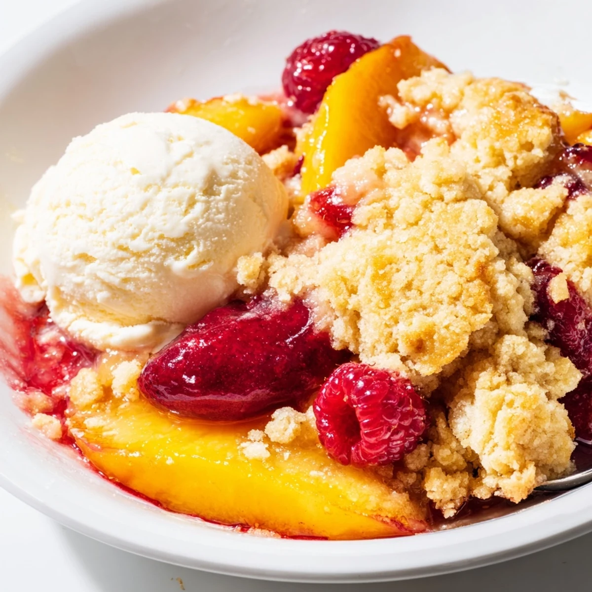 Spoonfuls of warm cobbler topped with melting vanilla ice cream, Peach Raspberry Cobbler Recipe