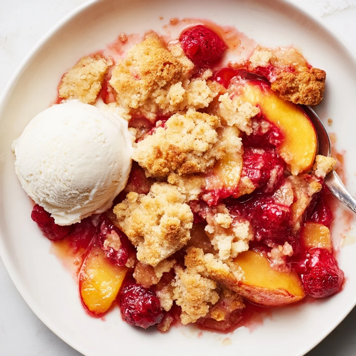 Bubbling fruit under golden biscuit topping, Peach Raspberry Cobbler Recipe served warm