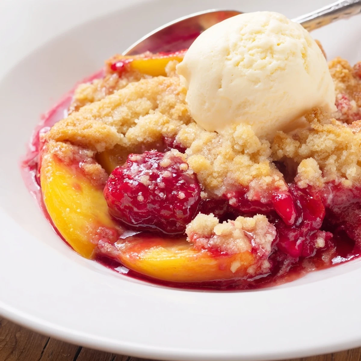 Peach Raspberry Cobbler Recipe showcasing juicy peaches, tart raspberries, flaky buttery biscuits