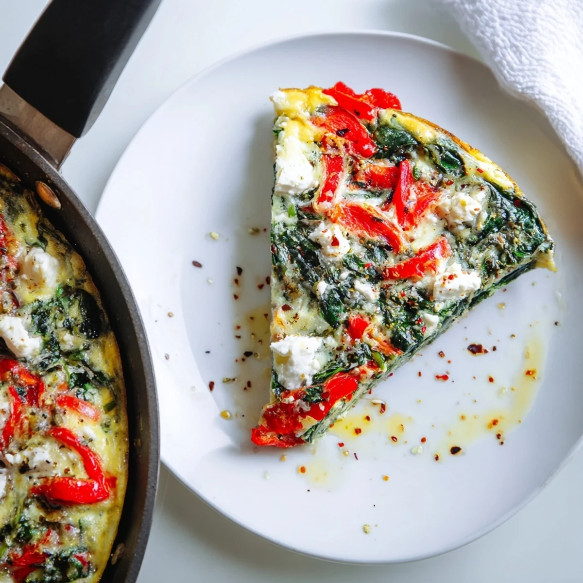 Roasted Red Pepper Spinach Baked Frittata with golden crust, warm herb scented slices