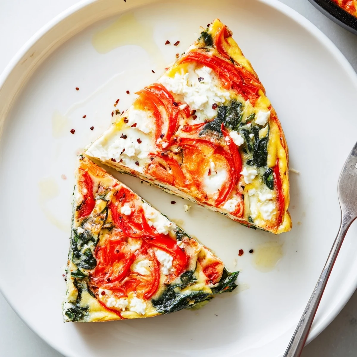 Sliced Roasted Red Pepper Spinach Baked Frittata resting on skillet, gooey melted cheese