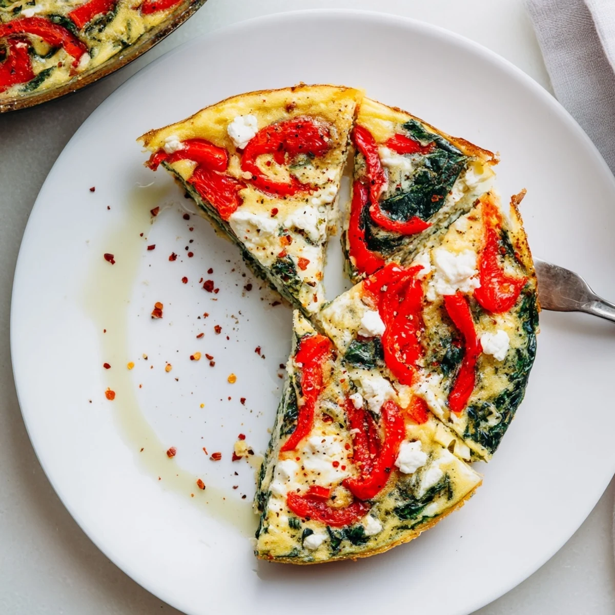 Bright Roasted Red Pepper Spinach Baked Frittata served warm with fresh basil garnish