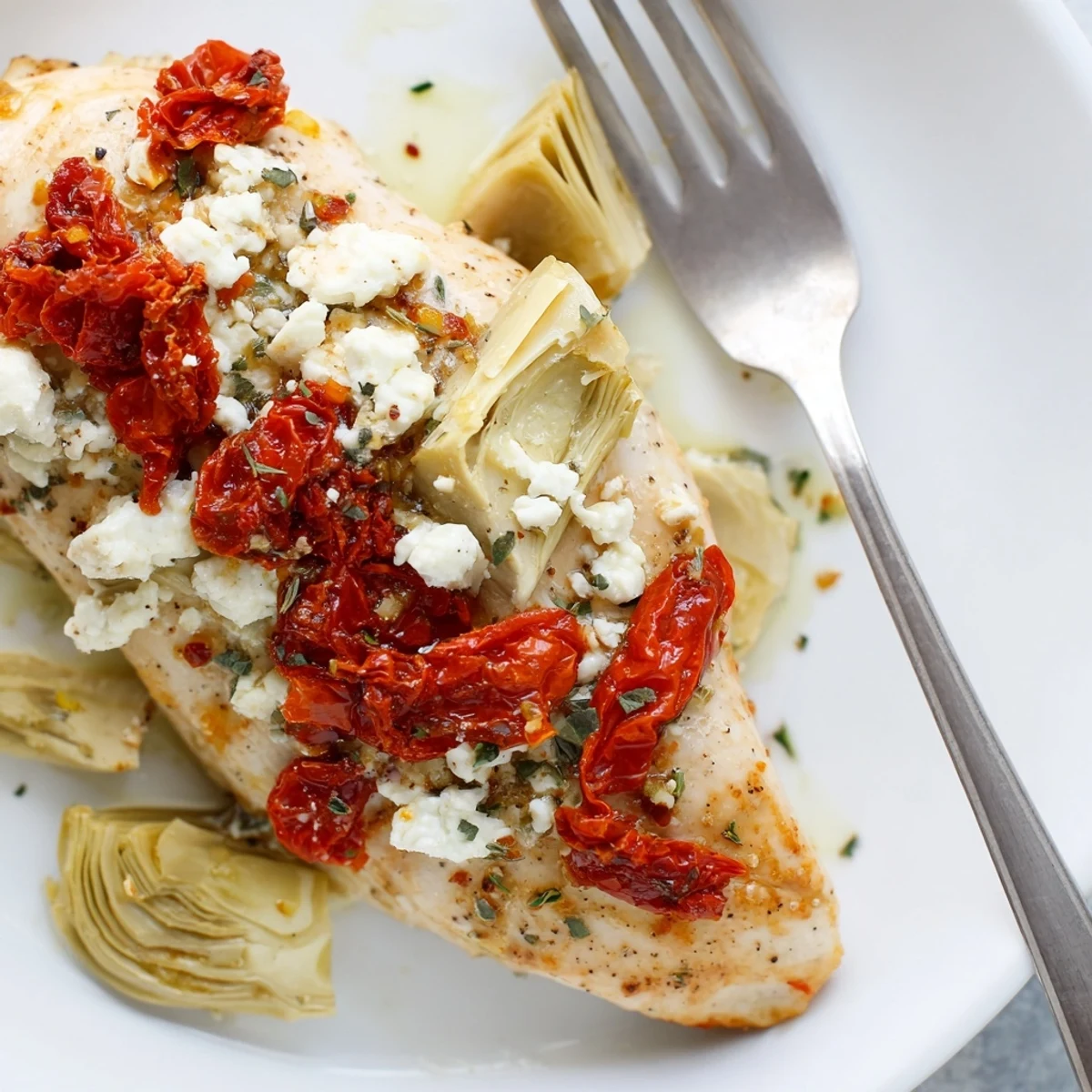 Broiled Artichoke Chicken With Feta, golden topped breasts steaming on a baking sheet