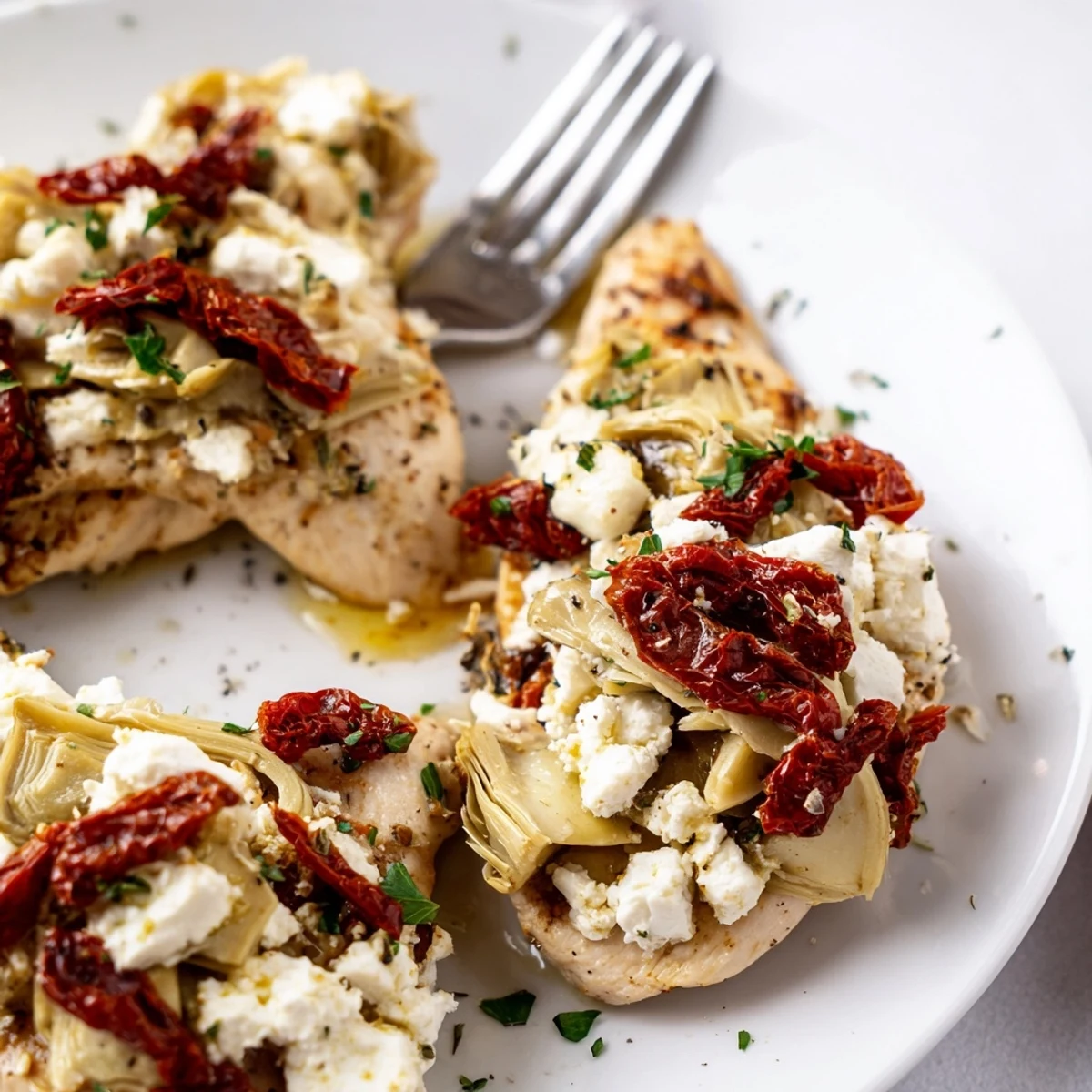 Slices of Broiled Artichoke Chicken With Feta plated with lemon wedges and parsley