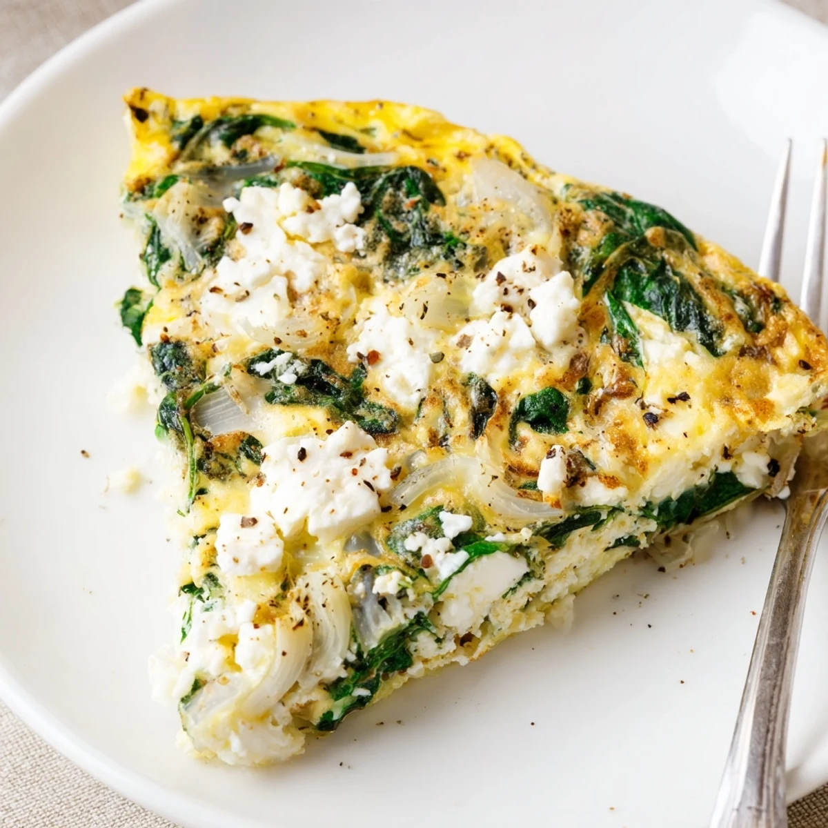 Warm Spinach Frittata With Feta sliced in skillet, fragrant herbs.