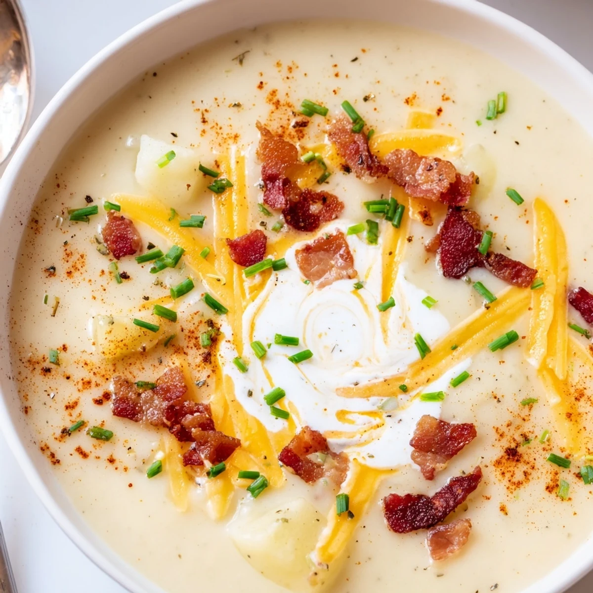 Creamy Cheddar Outback Potato Soup Delight steaming, ladled into bowl, topped with bacon.
