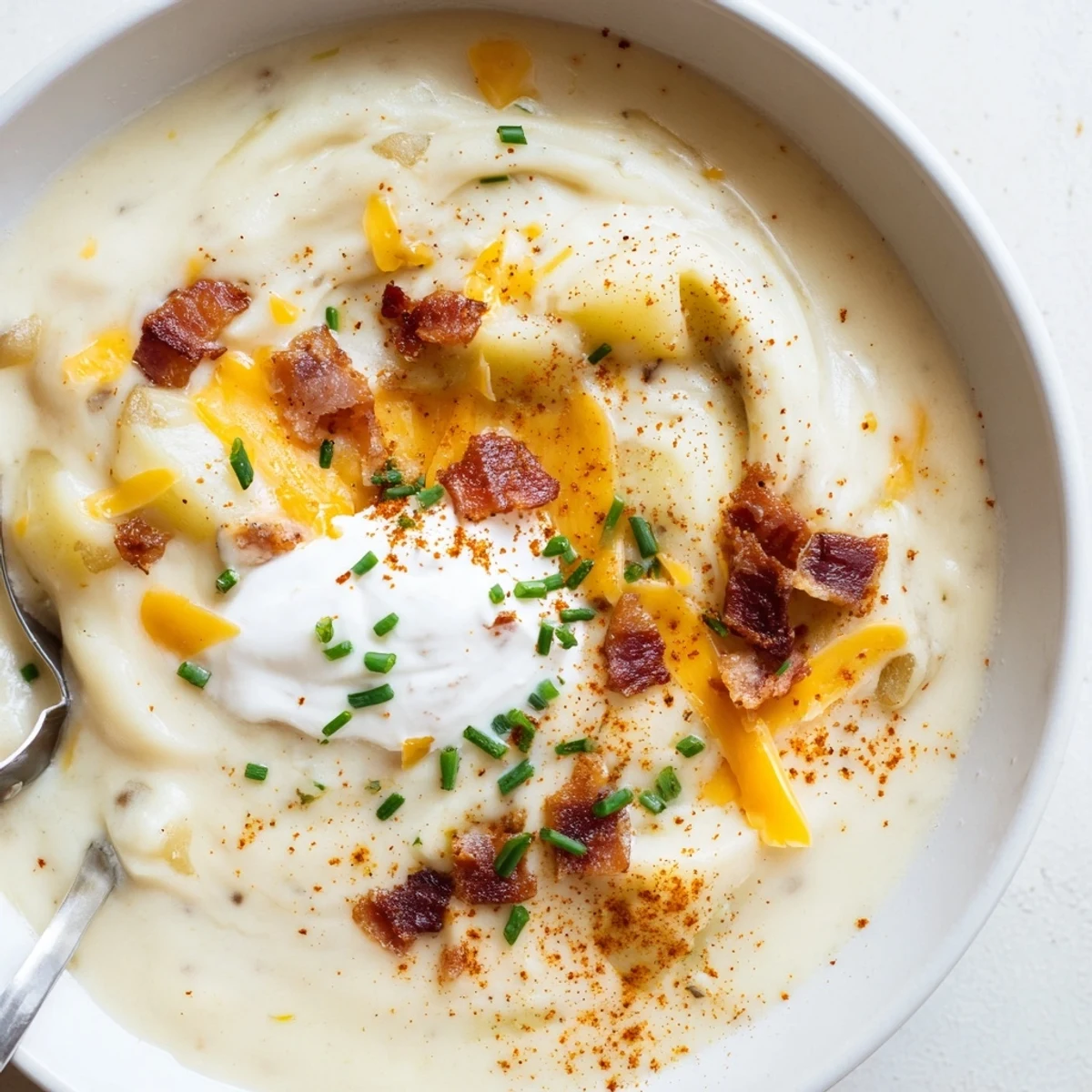 A hearty bowl of Creamy Cheddar Outback Potato Soup Delight garnished with chives.
