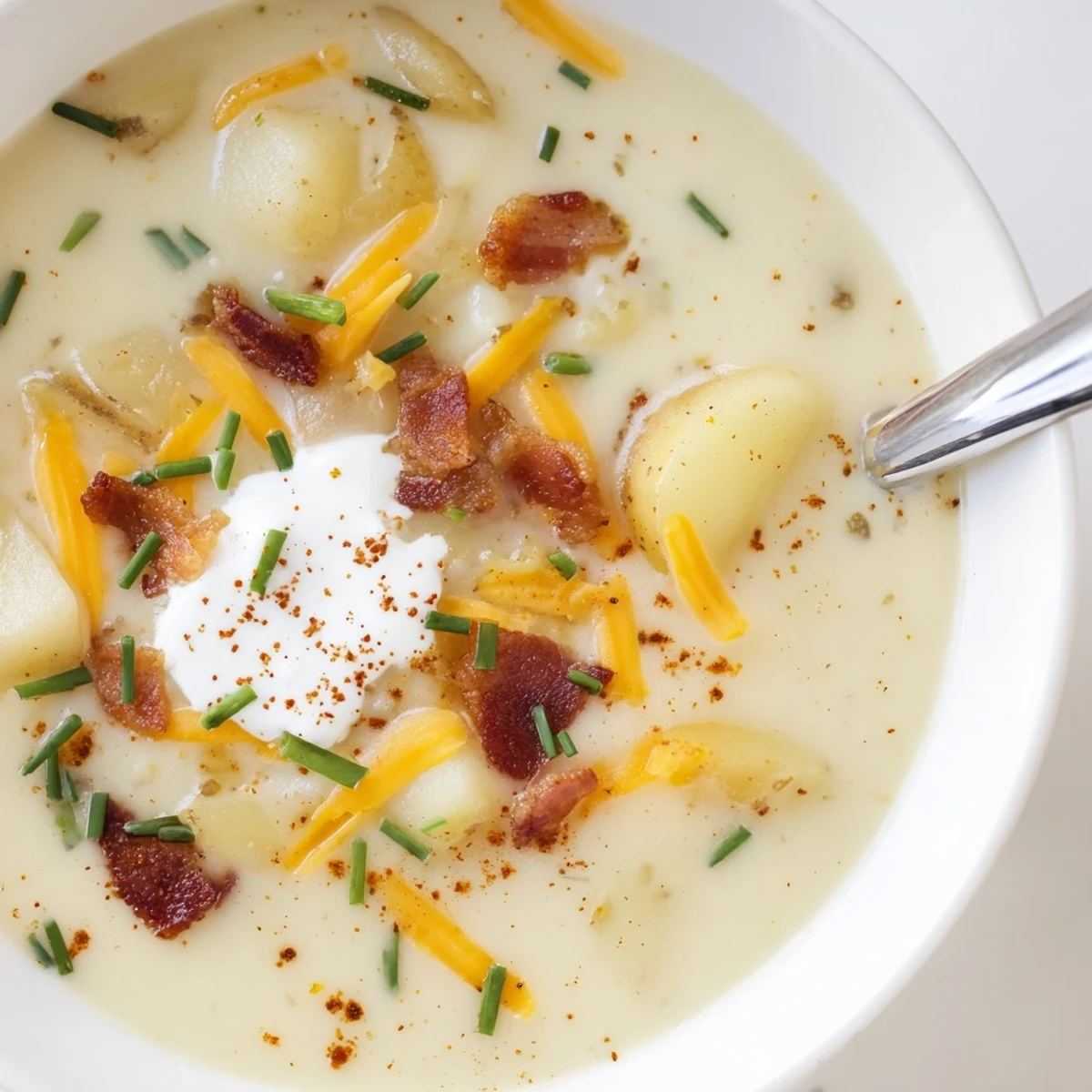 Velvety, cheesy bowl served with crusty bread: Creamy Cheddar Outback Potato Soup Delight.