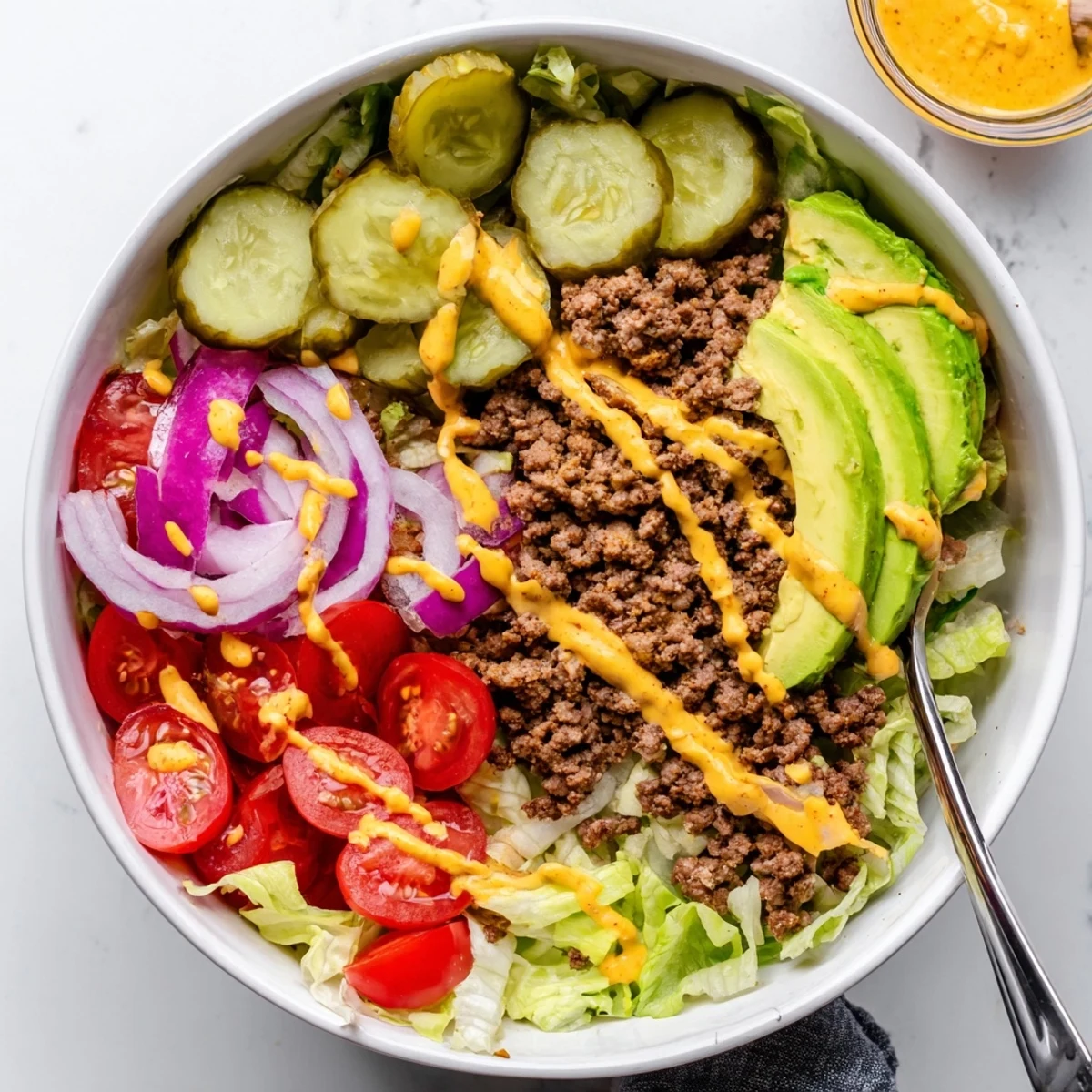 Weeknight Savory Protein Packed Burger Bowls topped with crunchy pickles and cheese.