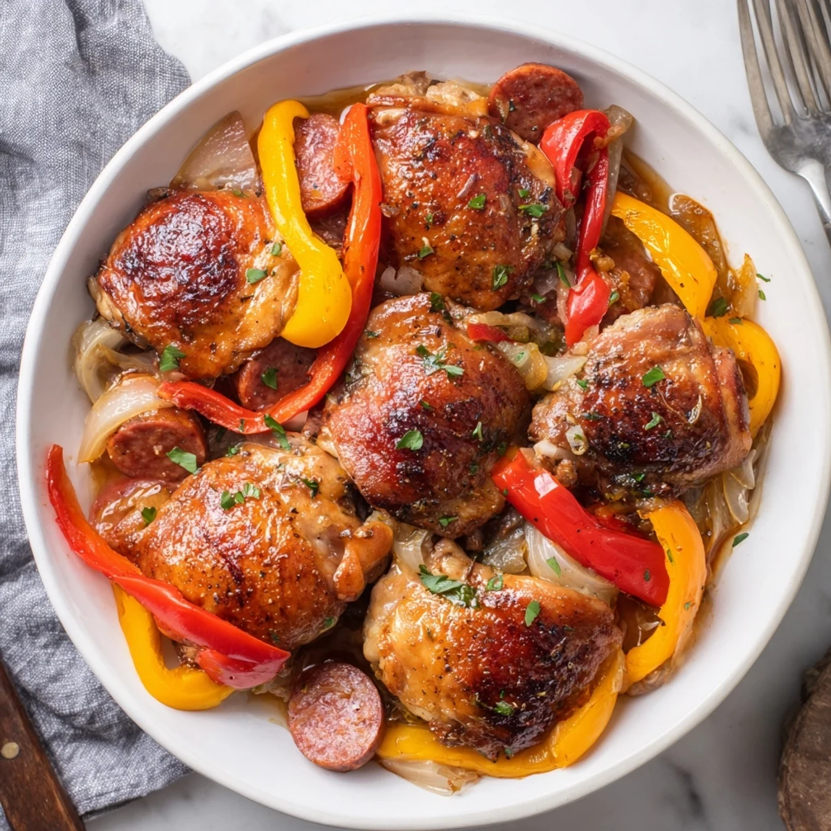 Chicken Scarpariello with browned skin, spicy sausage, tangy cherry pepper sauce