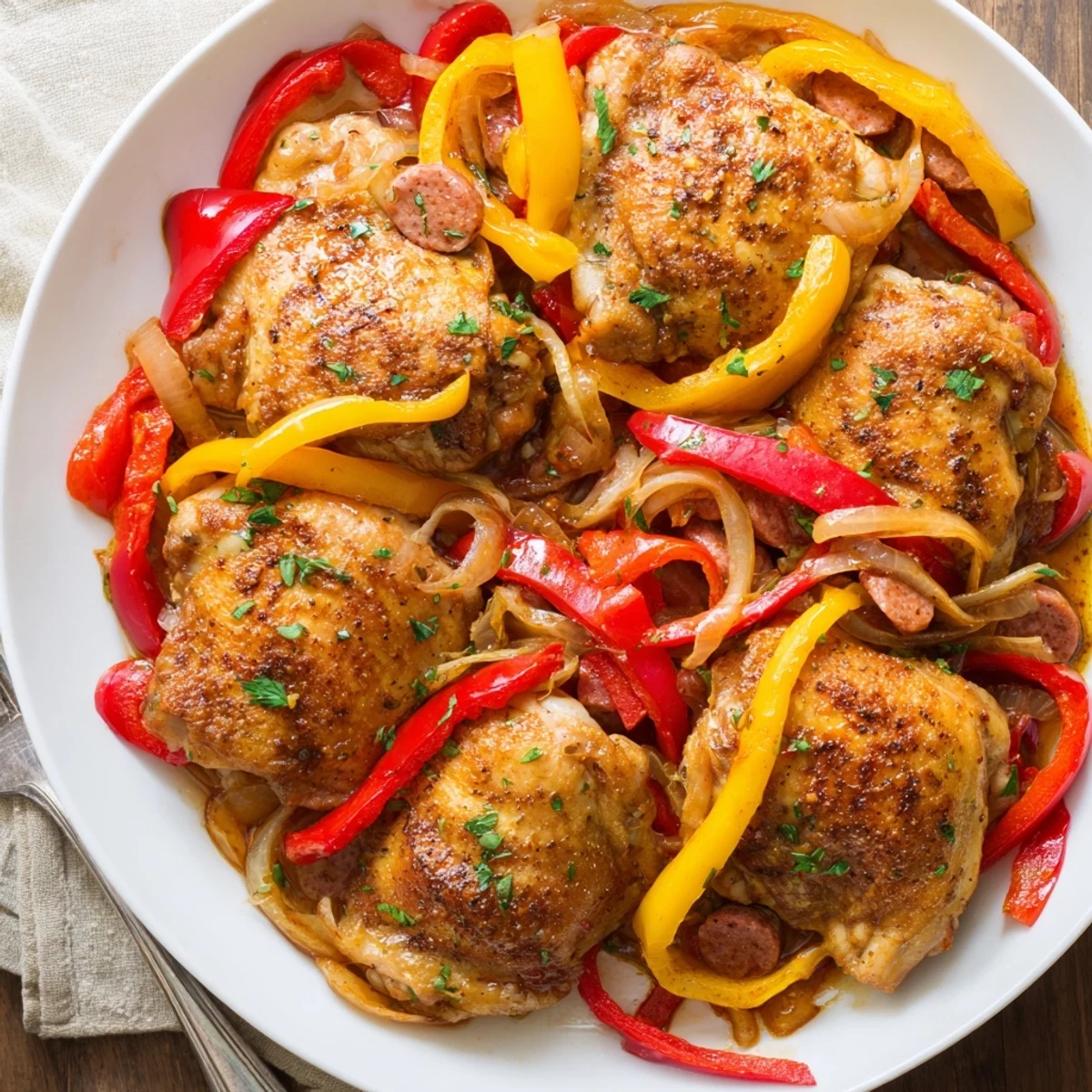 Oven-baked Chicken Scarpariello simmered in vinegar-wine sauce, peppers and herbs