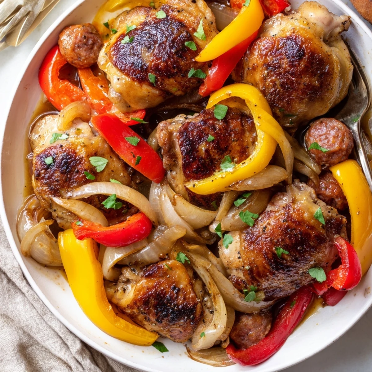 Family-style Chicken Scarpariello served with crusty bread, rosemary aroma rising