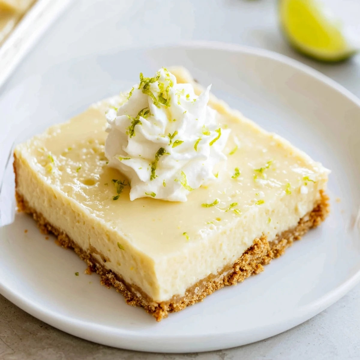 Chilled Key Lime Pie Bars recipe topped with whipped cream and lime zest