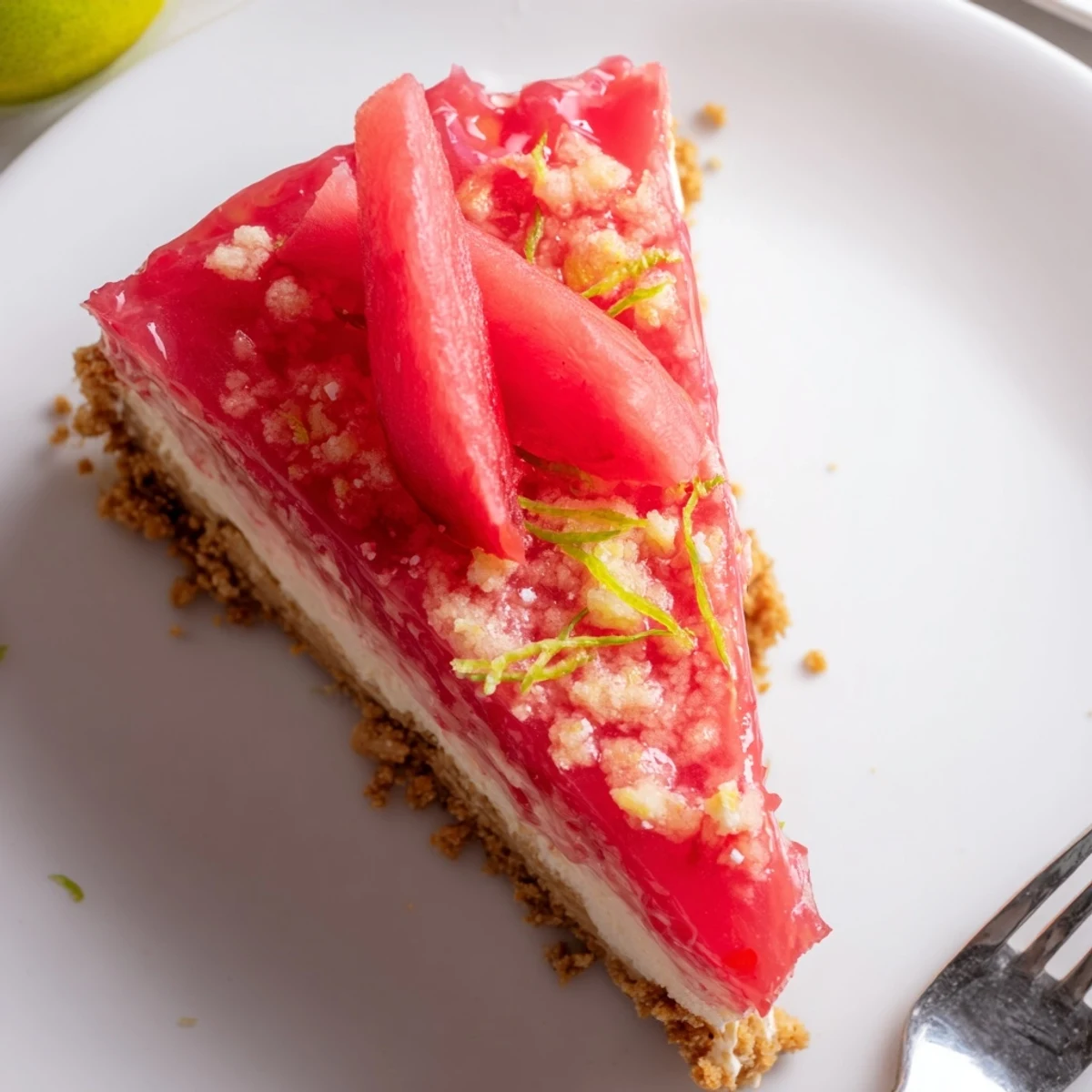 Creamy Guava Cheesecake Recipe topped with glossy guava sauce and lime zest