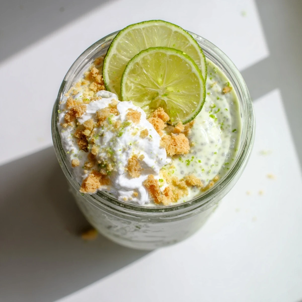 Creamy key lime chia pudding topped with whipped cream and fresh lime zest garnish