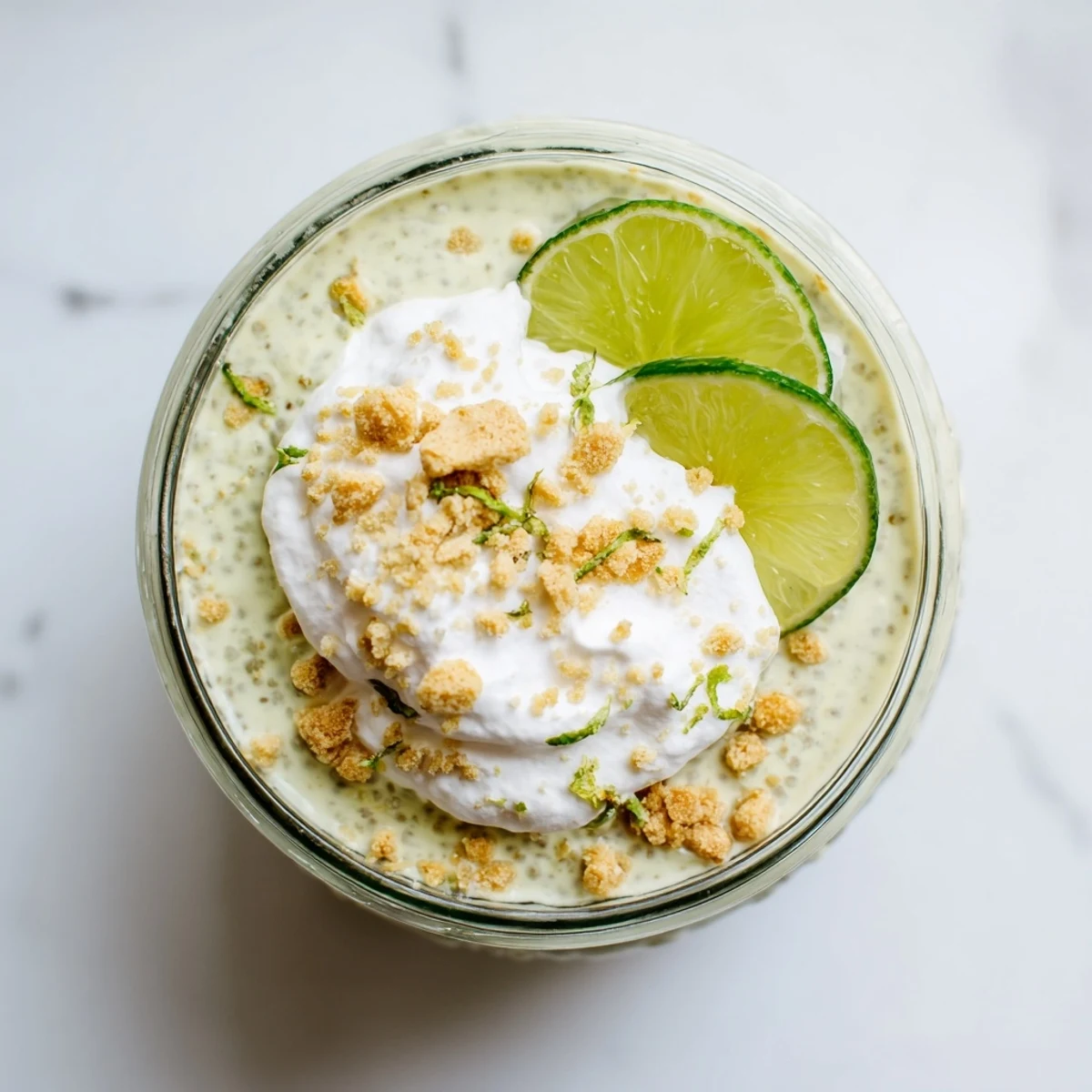 Glass jar of zesty key lime chia pudding layered with graham cracker crumbs