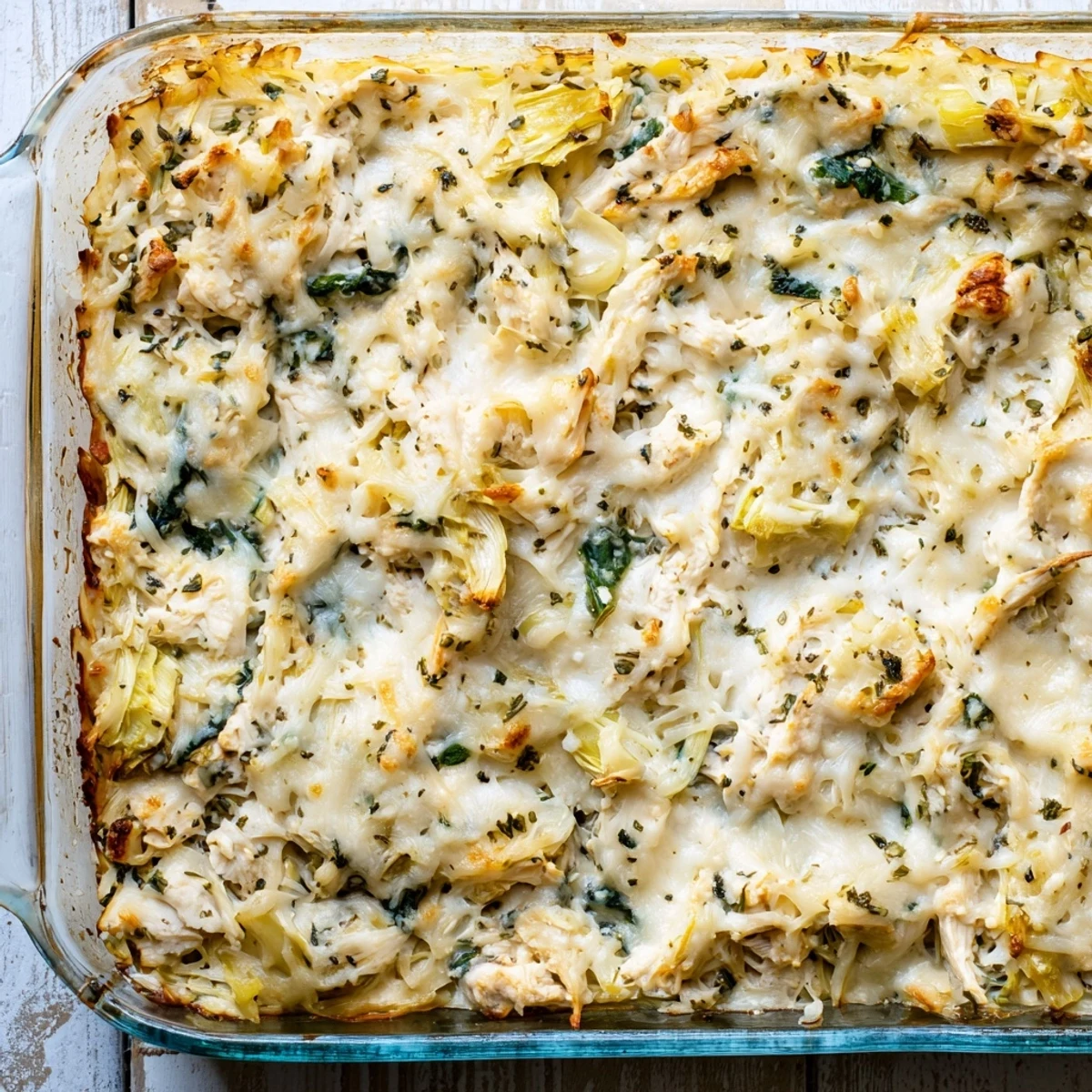 Golden baked spinach artichoke chicken casserole with melted mozzarella topping on a rustic ceramic serving dish
