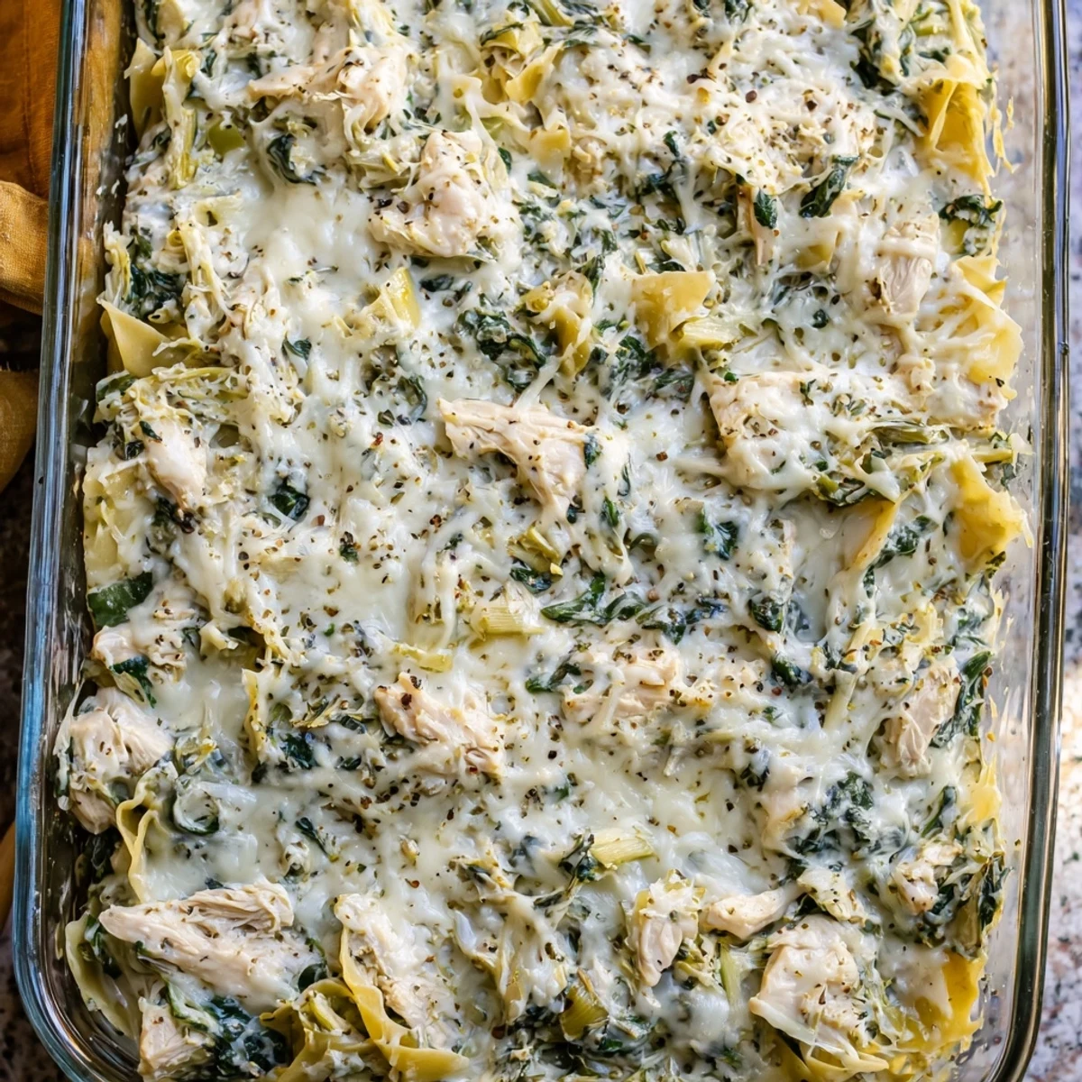 Comforting spinach artichoke chicken casserole featuring tender chicken chunks in a rich cheesy sauce with wilted spinach