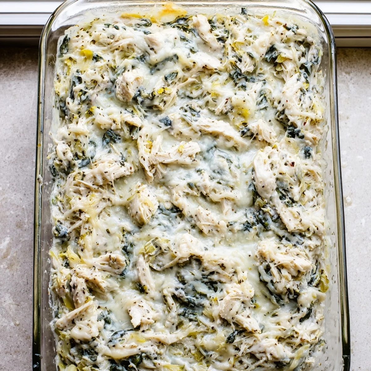Creamy spinach artichoke chicken casserole bubbling hot from the oven with shredded chicken and artichoke pieces visible