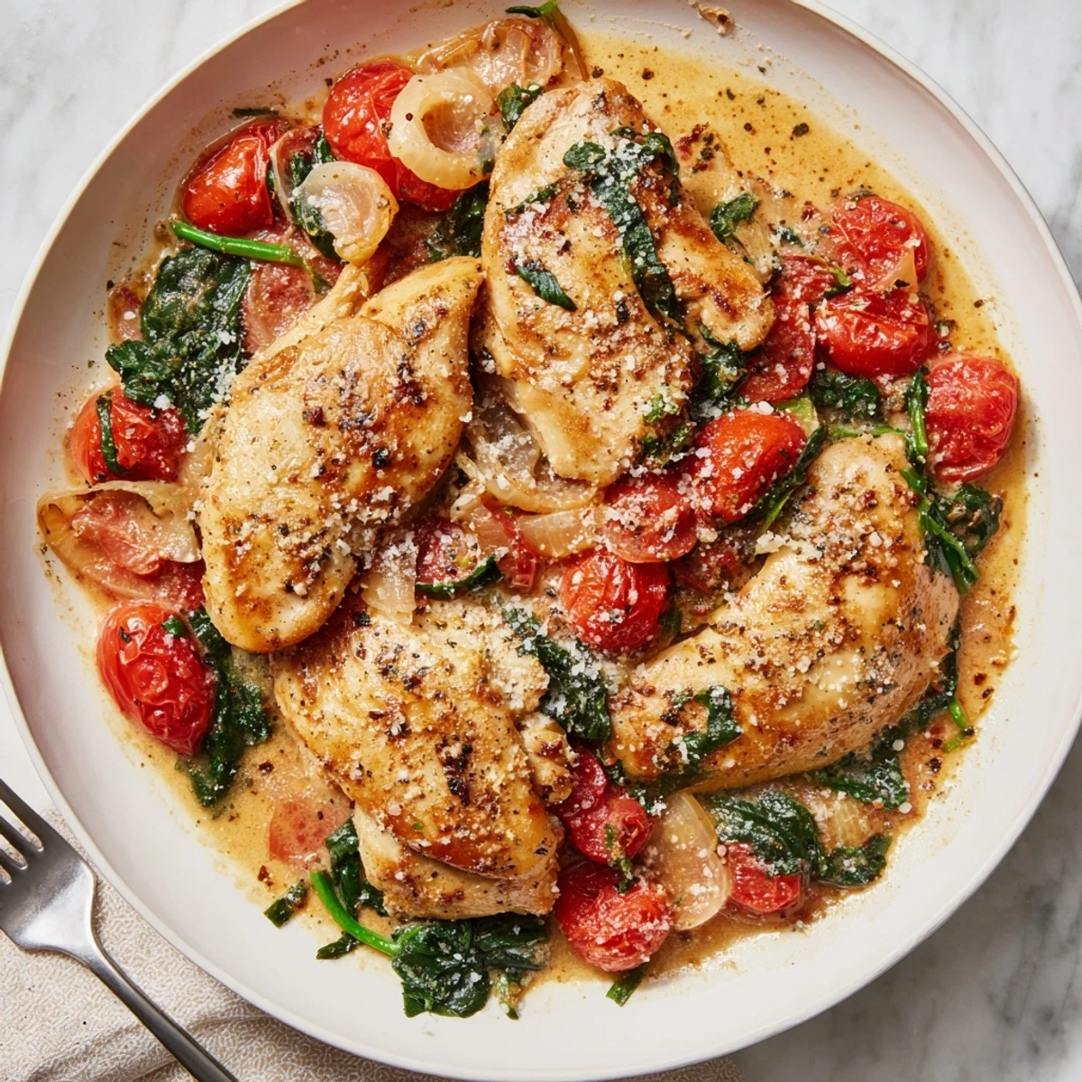 Golden brown chicken breasts nestled in a vibrant tomato spinach skillet with melted Parmesan
