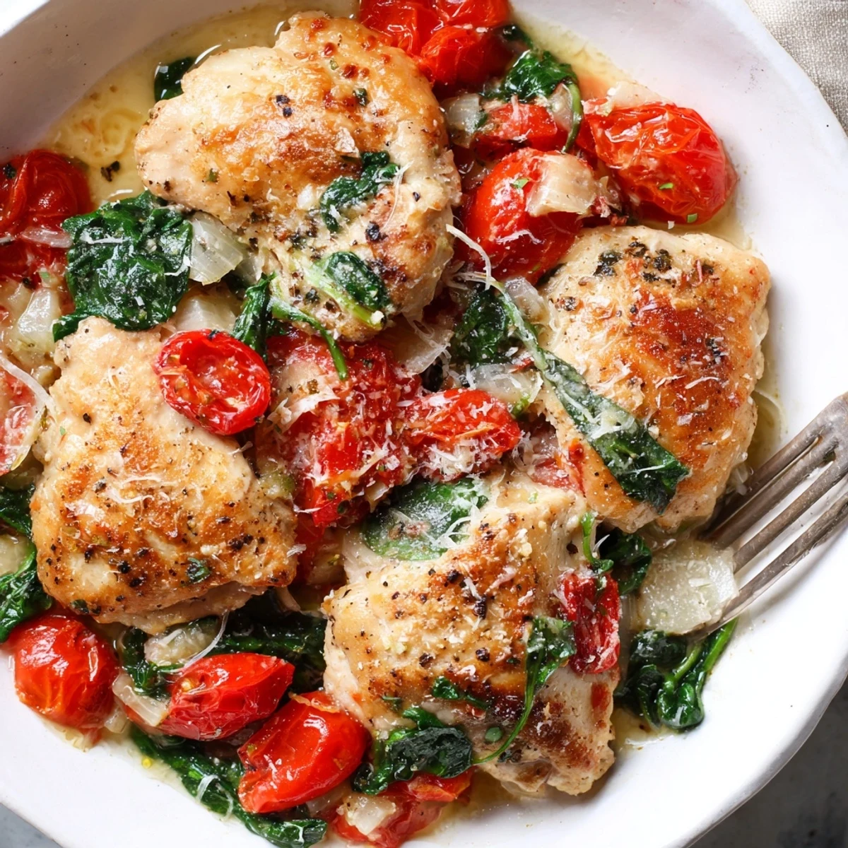 Juicy chicken simmered with fresh spinach and cherry tomatoes in a savory skillet sauce