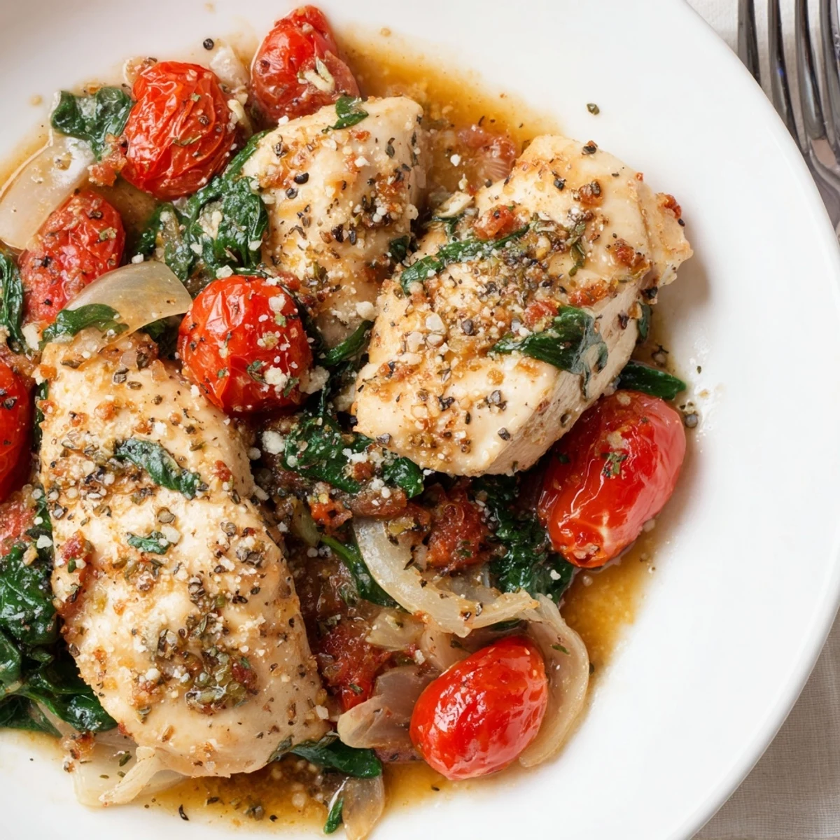 Weeknight tomato spinach chicken dish with tender meat and wilted greens in a pan