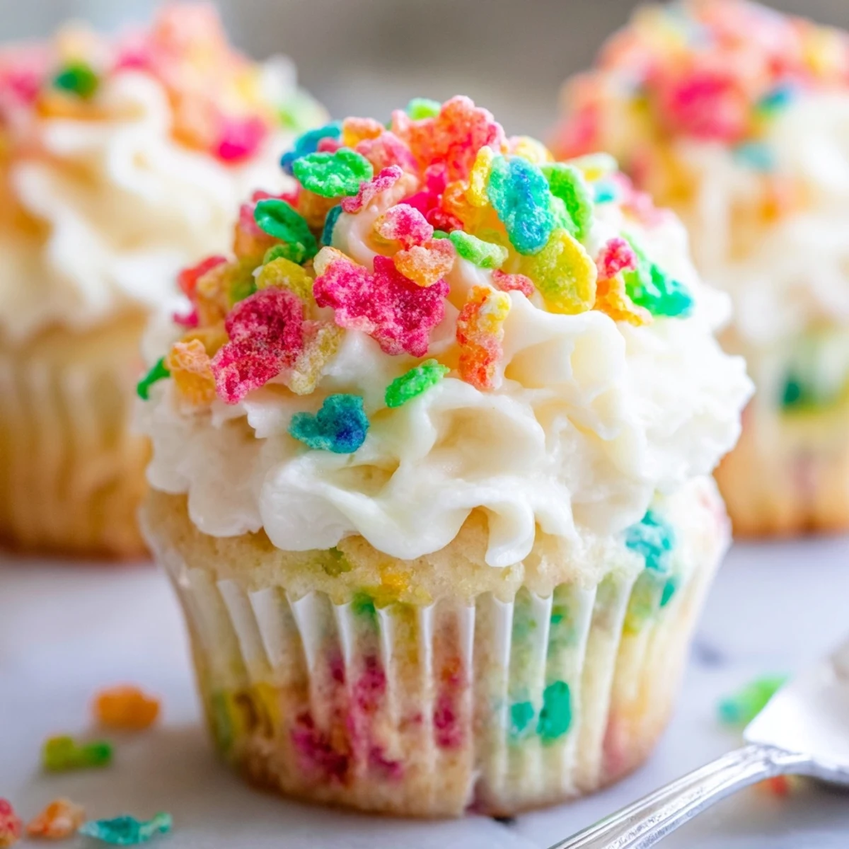 Colorful Fruity Pebbles frosting spread thickly on a chocolate cake slice on a plate