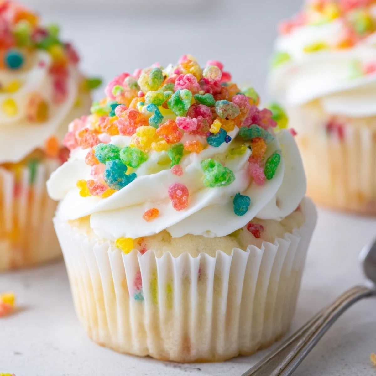 Vibrant Fruity Pebbles cereal frosting piped onto a white cupcake with rainbow sprinkles