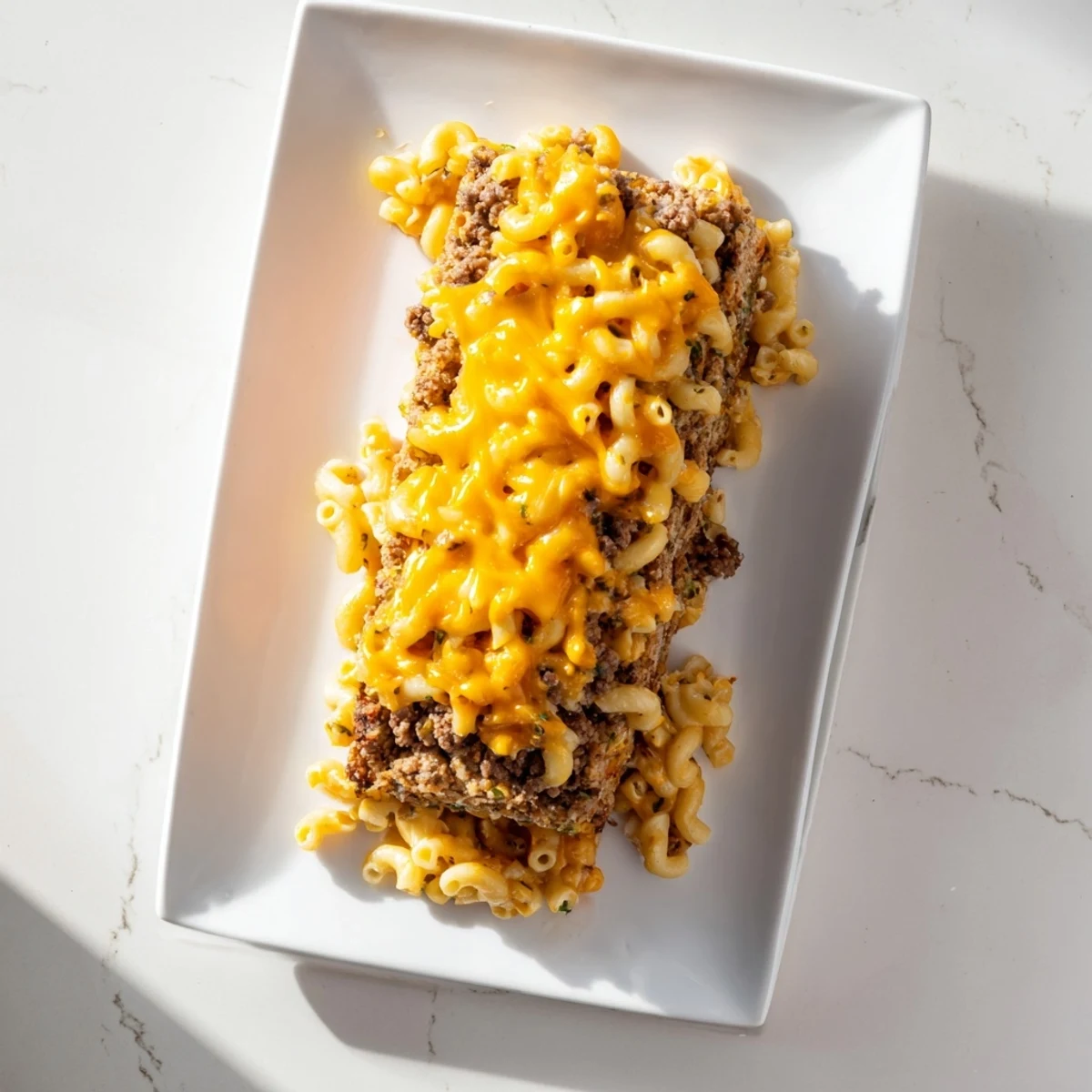 Golden meatloaf base topped with creamy mac and cheese casserole with melted cheddar