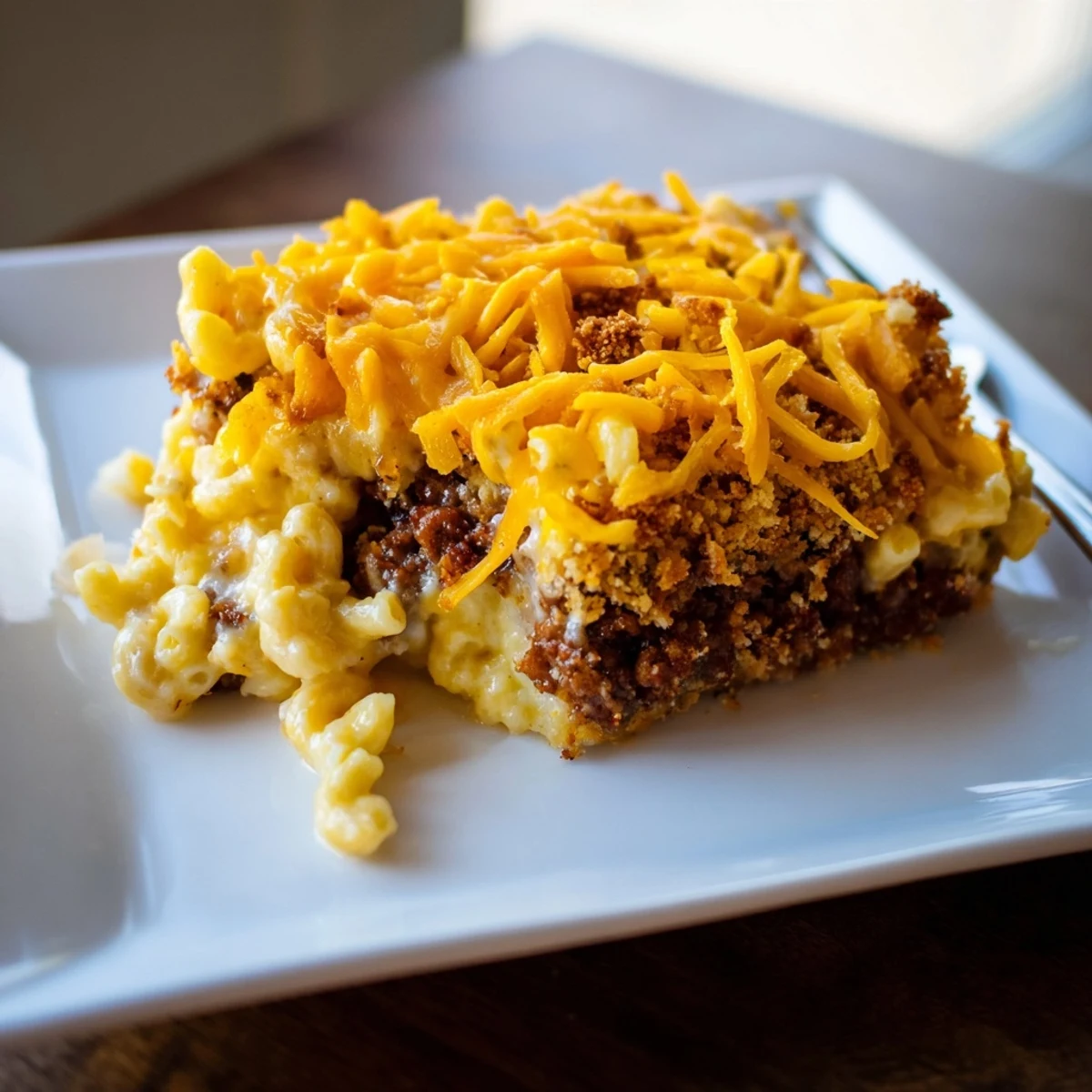 Hearty meatloaf and macaroni cheese layered casserole fresh from oven with golden brown crust