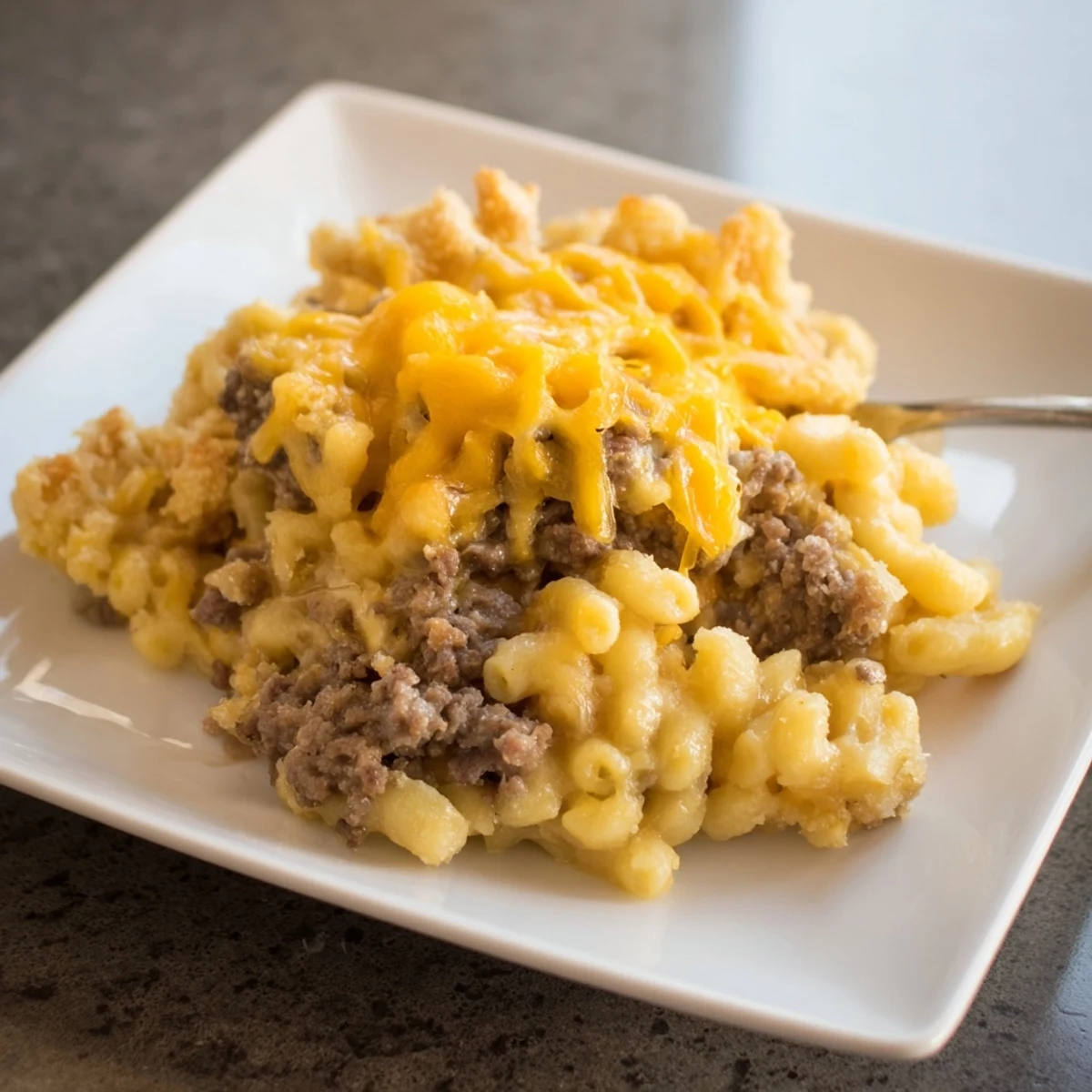 Baked mac and cheese meatloaf casserole with crispy breadcrumb topping, bubbling and piping hot