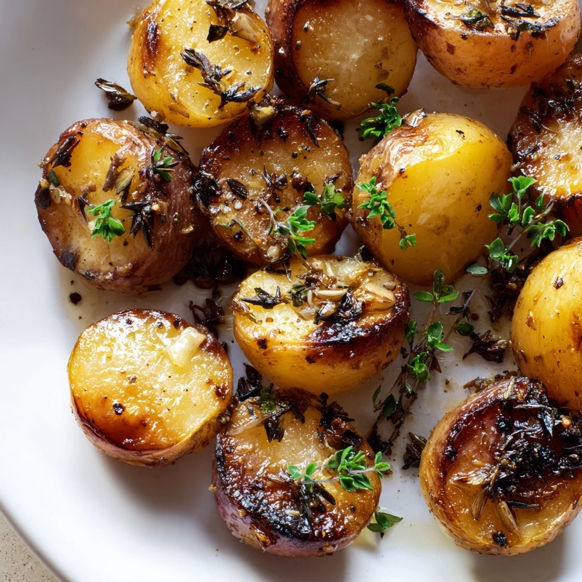 Golden brown garlic roasted radishes arranged on a white serving plate, garnished with fresh green parsley