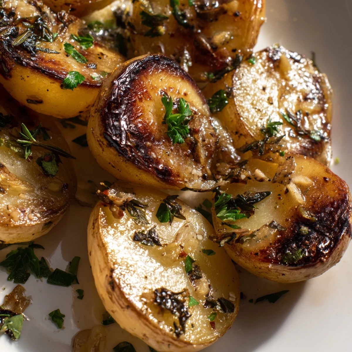 Oven roasted radishes with caramelized edges and minced garlic, served as a healthy low-carb side dish