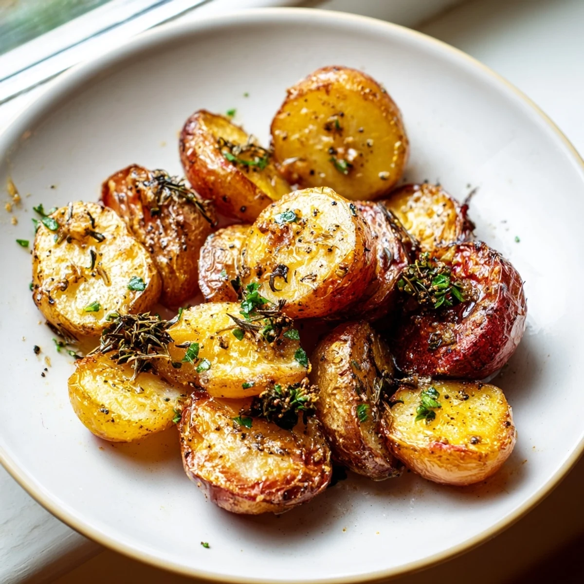 Tender halved radishes roasted with olive oil and herbs, displayed on a rustic baking sheet