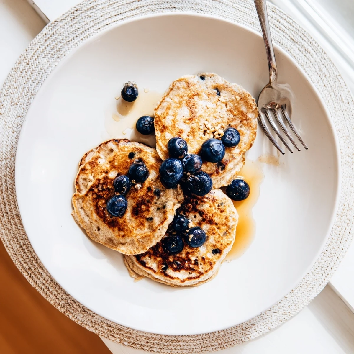 Fluffy protein banana pancakes cooking on a griddle with golden brown edges