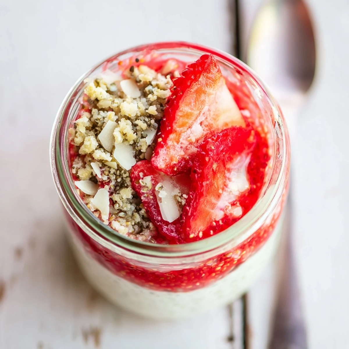 Glass jar layered with creamy strawberry crumble chia pudding topped with fresh strawberry slices and crunchy oat crumble