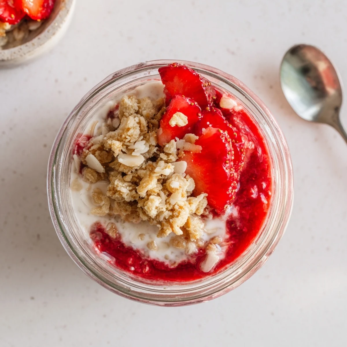 Overhead shot of layered chia pudding dessert glasses featuring vibrant strawberry compote, golden toasted oats, and sliced berries