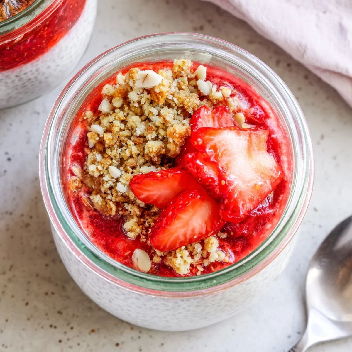 Close-up of strawberry crumble chia pudding in a clear jar showing creamy white pudding, red fruit layers, and textured oat topping